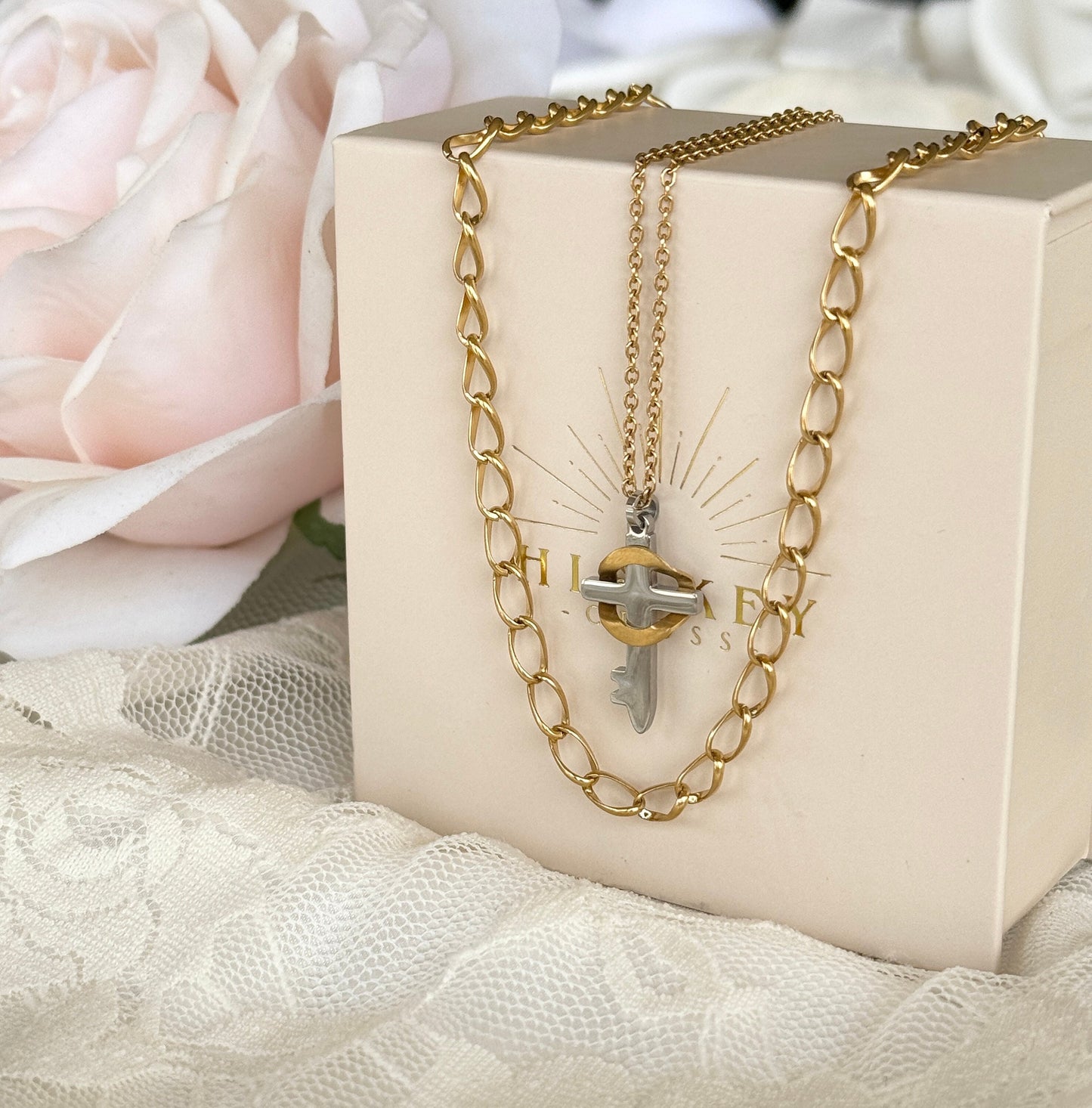 Necklace Set~ Believe Cross and Love Gold Chain