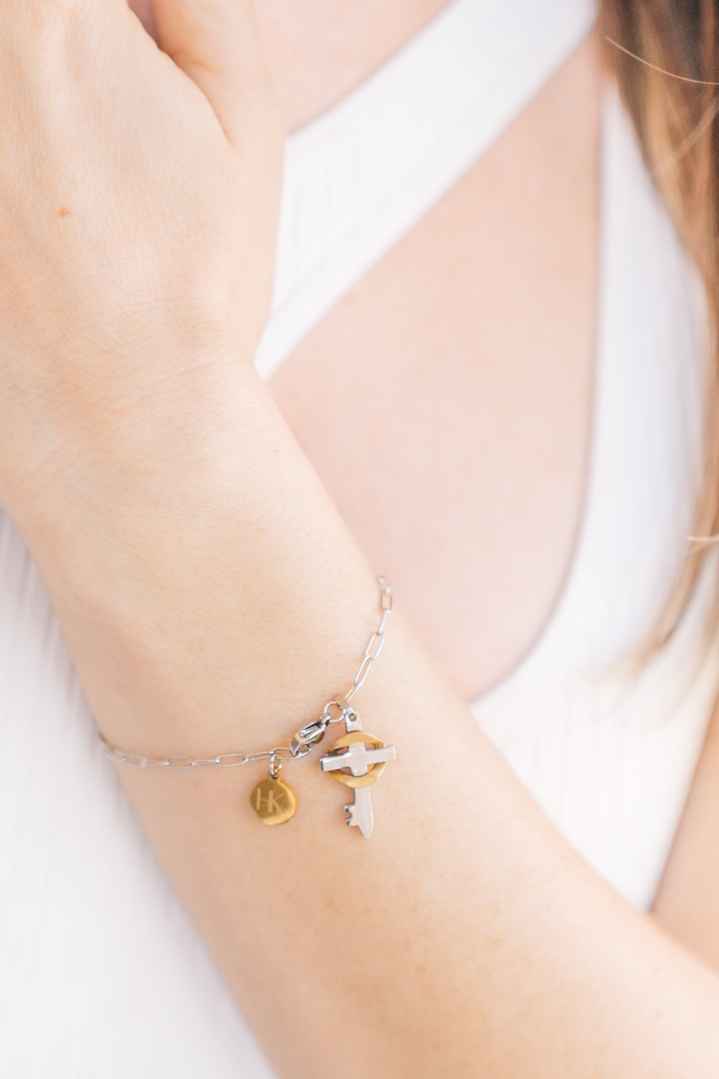 18k Gold and Stainless Believe Cross Bracelet
