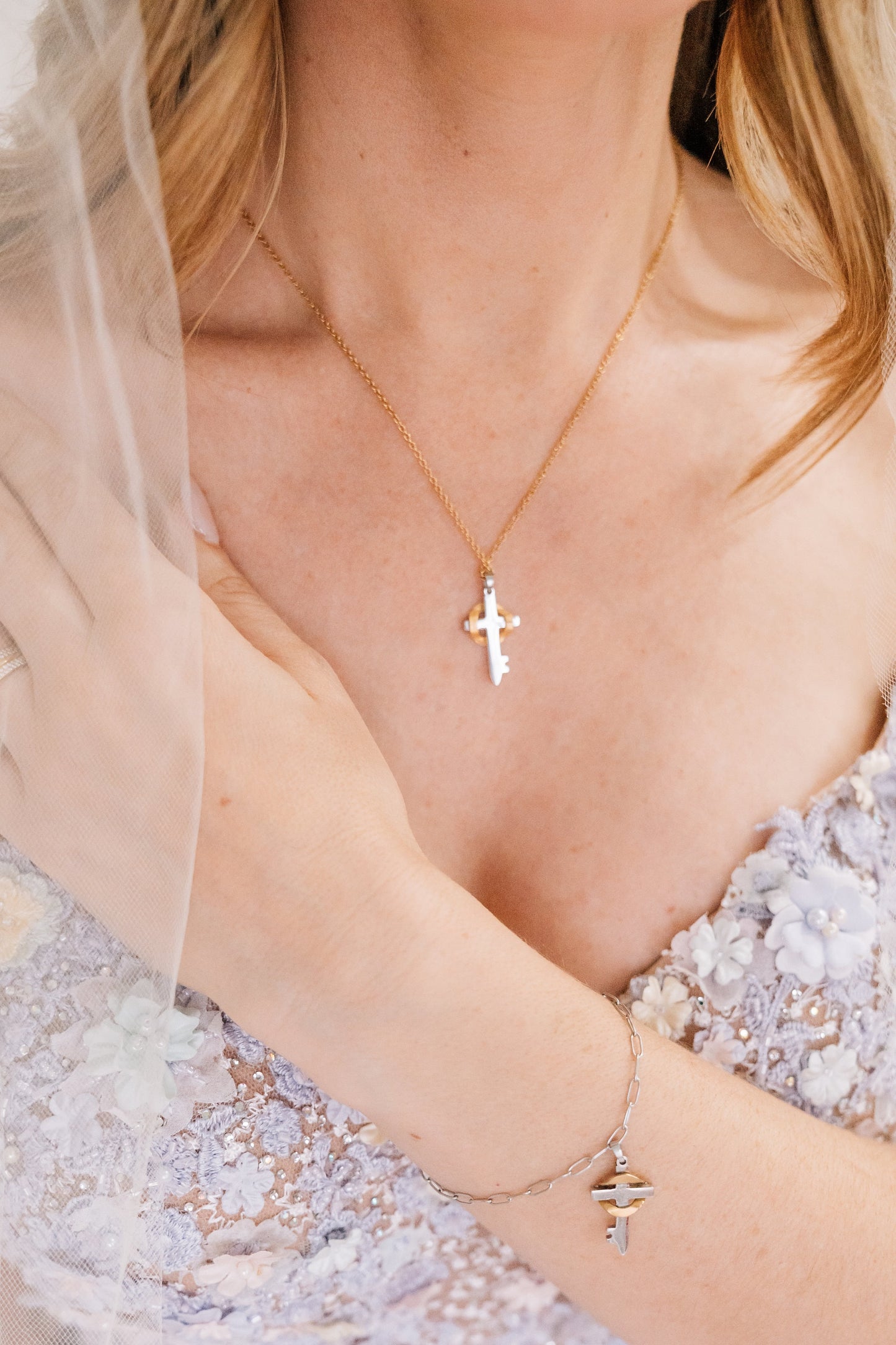 18k Gold and Stainless Believe Cross Bracelet