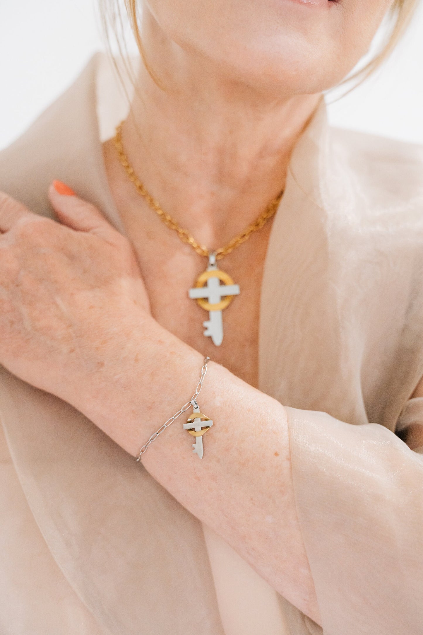 18k Gold and Stainless Believe Cross Bracelet