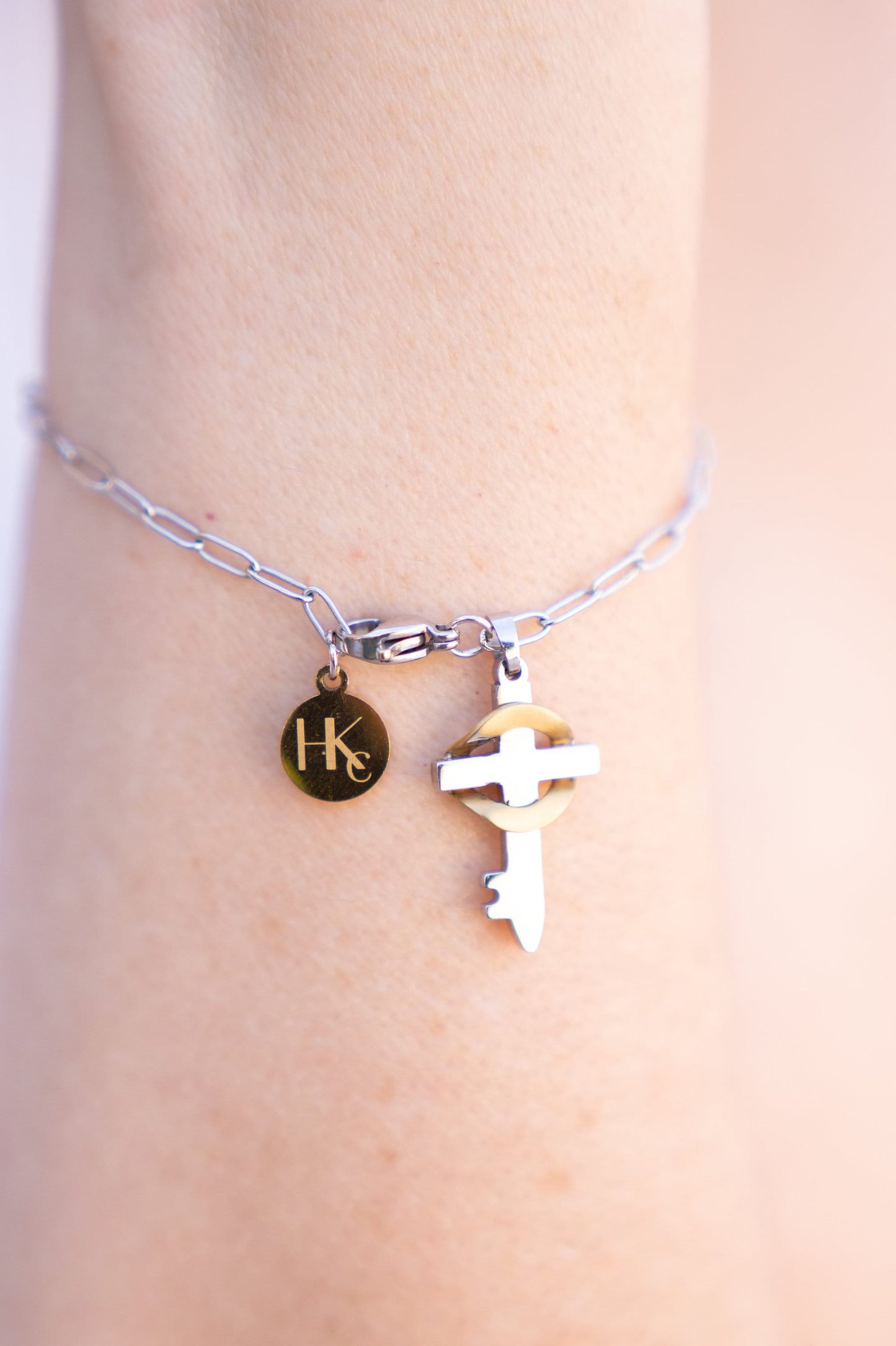 18k Gold and Stainless Believe Cross Bracelet