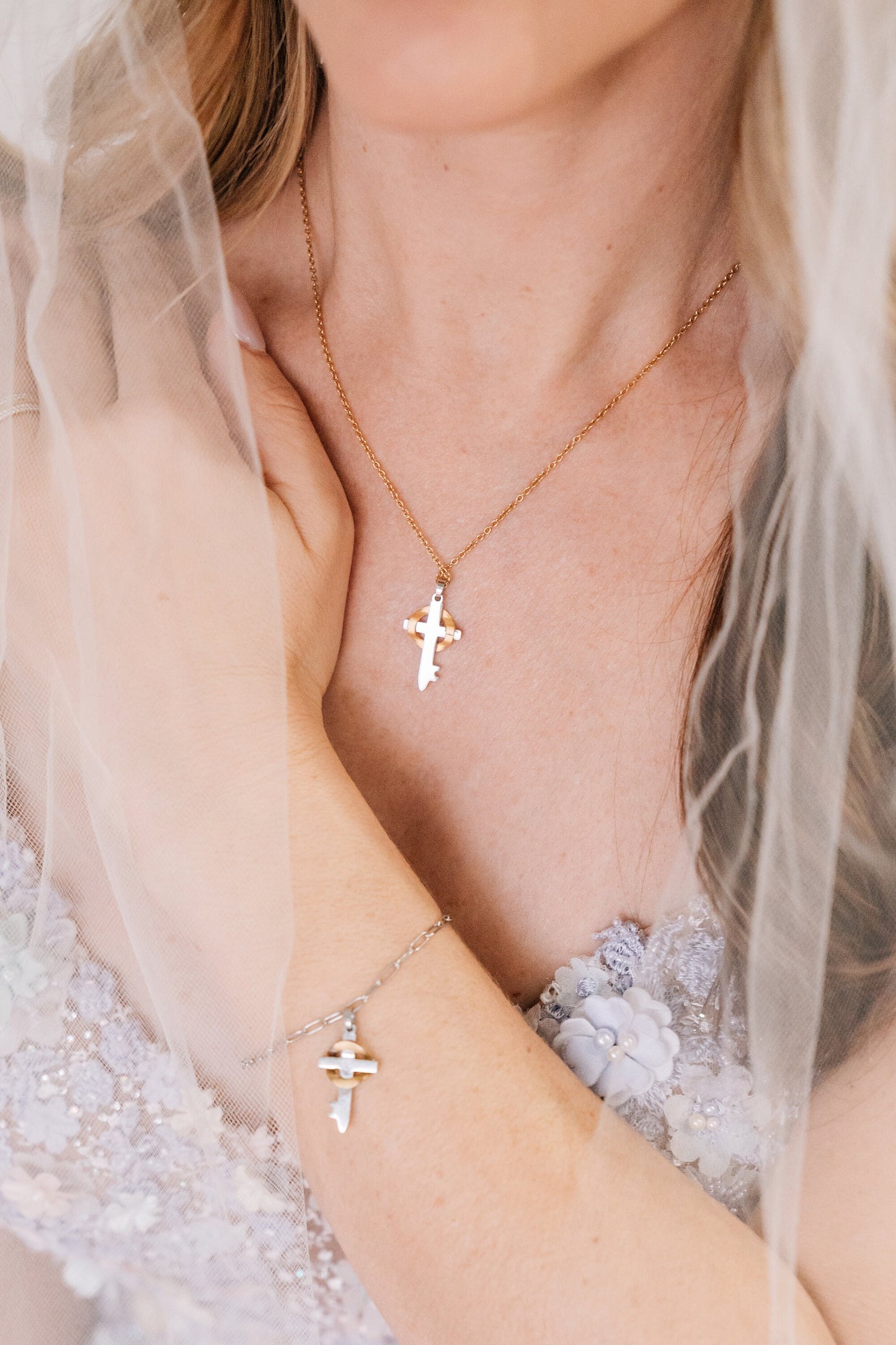 18k Gold and Stainless Believe Cross Bracelet