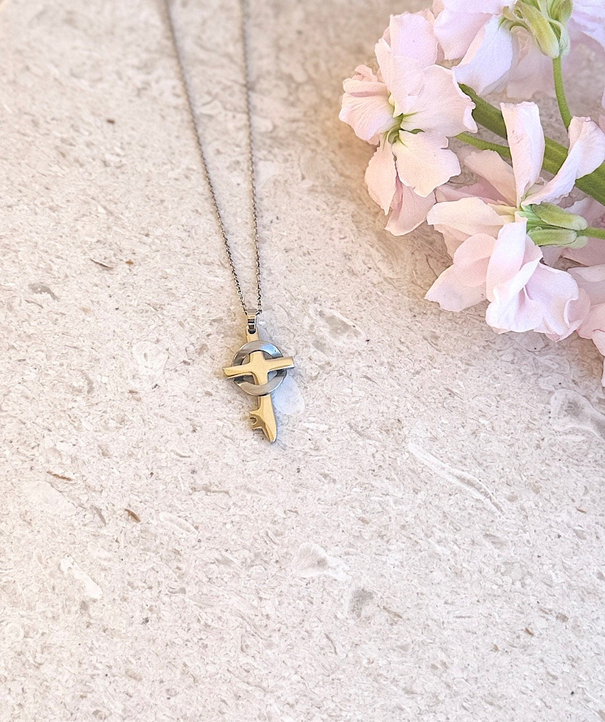 Silver Paperclip Chain Silver Cross Pendant Necklace Set Gift for Mom Christian Gift for Her Silver Cross Necklace Gift