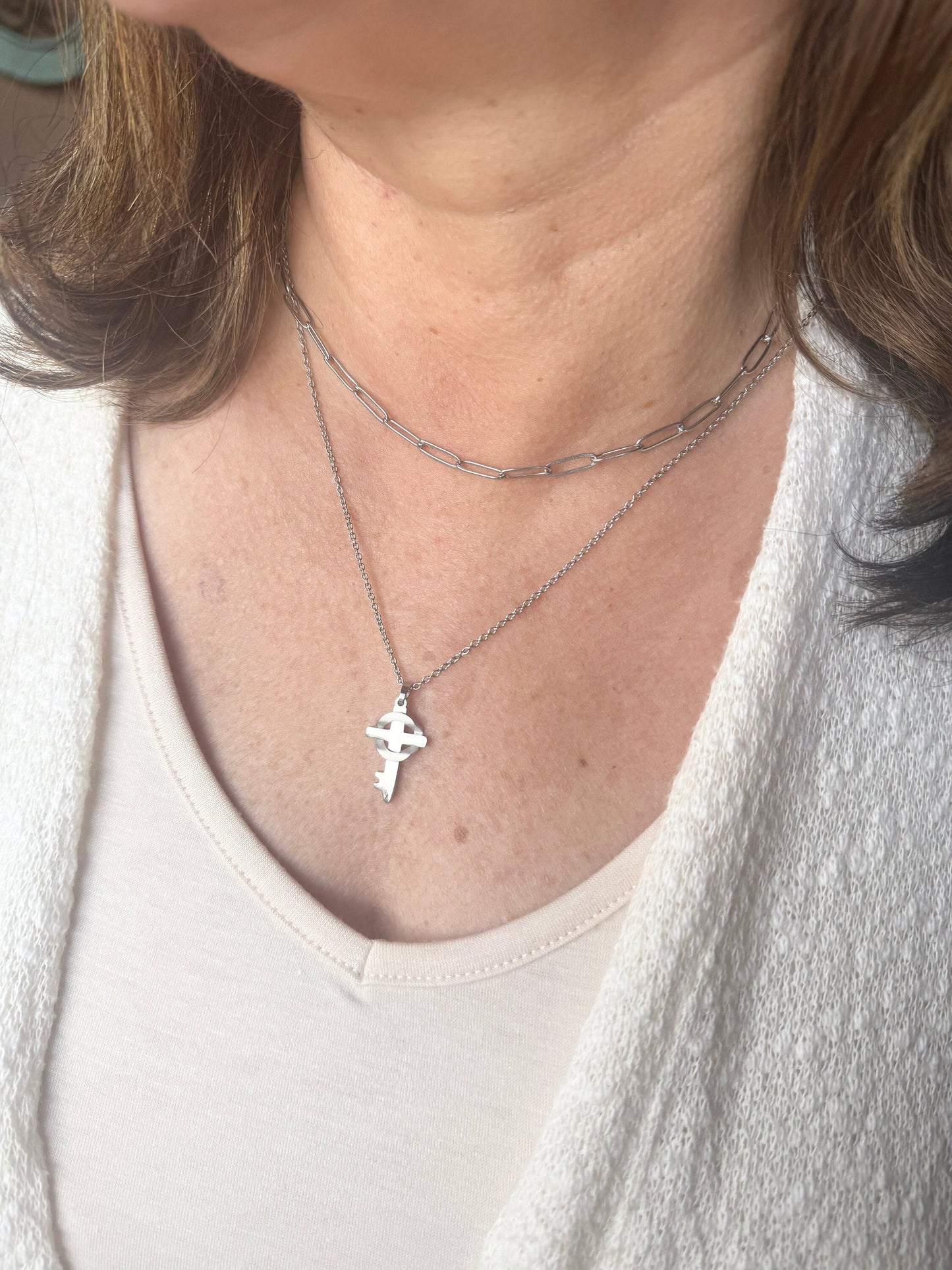 Silver Paperclip Chain Silver Cross Pendant Necklace Set Gift for Mom Christian Gift for Her Silver Cross Necklace Gift
