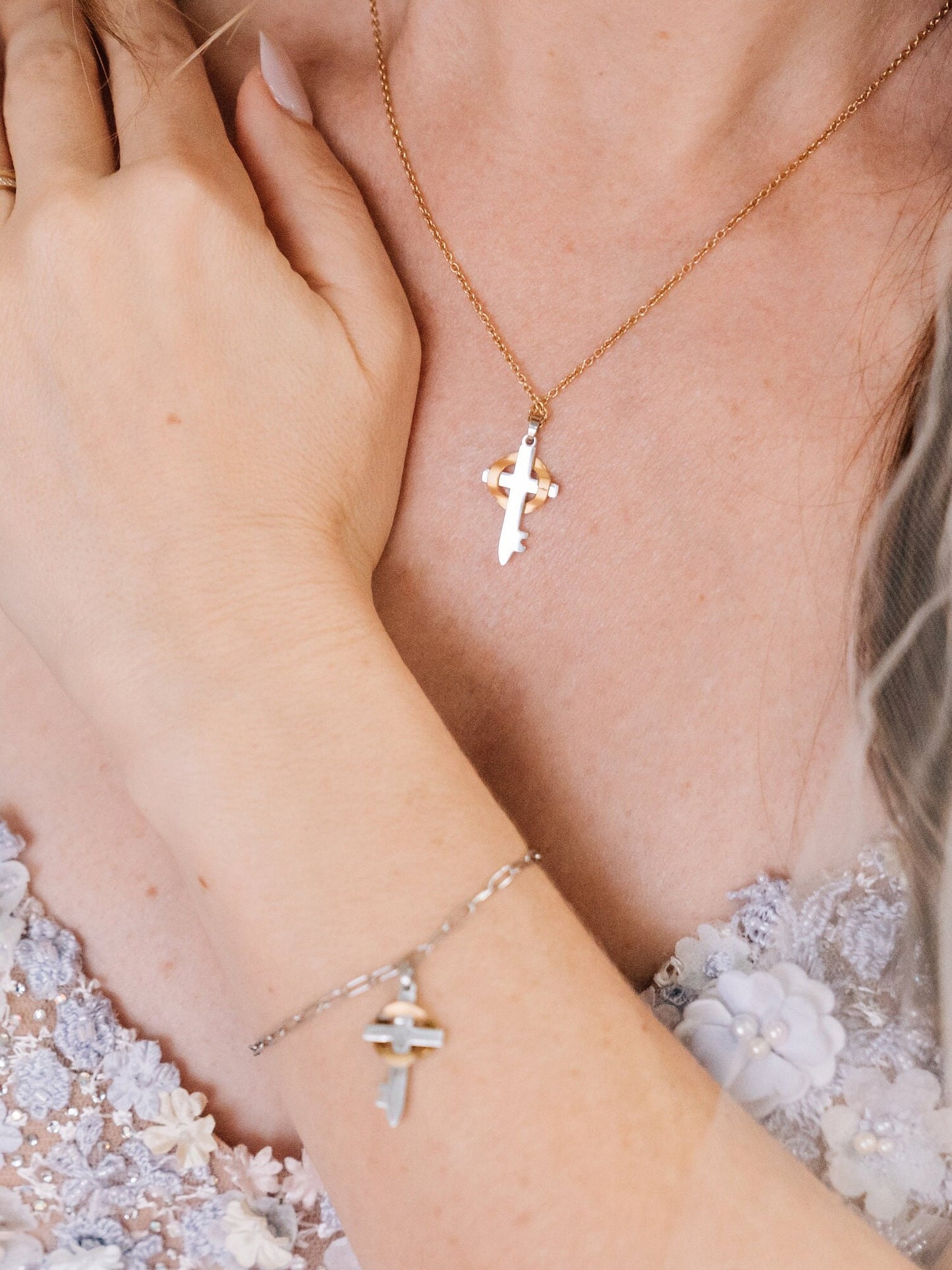 Necklace and Bracelet Set Believe 18K Gold and Stainless Cross