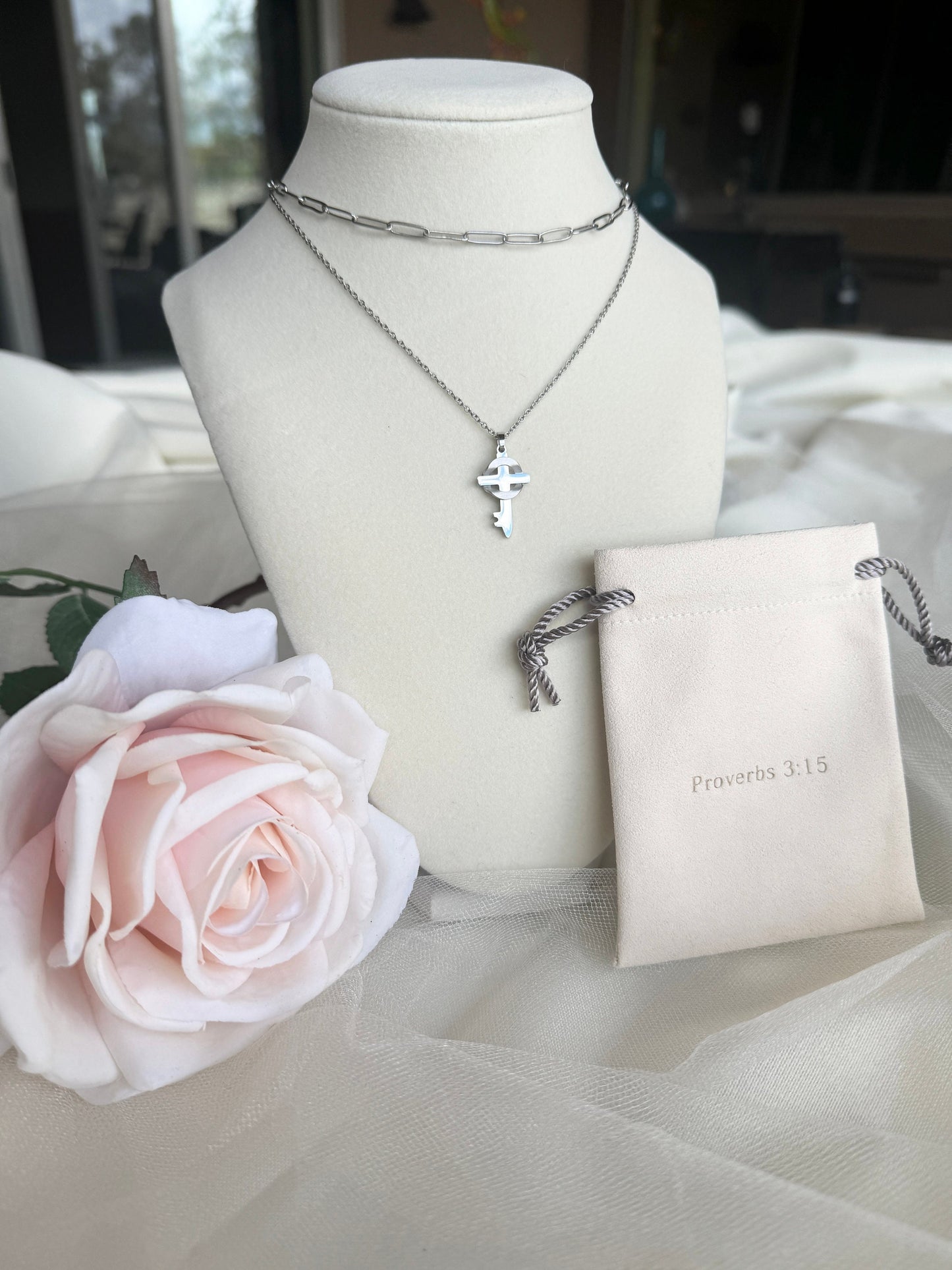 Silver Paperclip Chain Silver Cross Pendant Necklace Set Gift for Mom Christian Gift for Her Silver Cross Necklace Gift